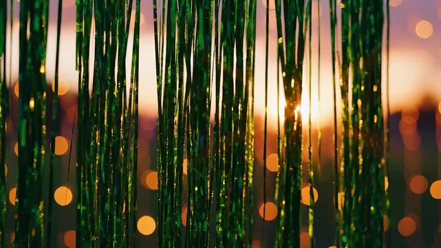 Green streamers gently sway in the warm breeze as the sun sets, casting golden rays that dance among the shining decorations. The enchanting backdrop creates a festive atmosphere f