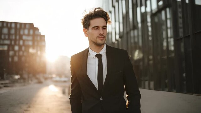 man in a stylish black suit, standing confidently in front of a modem urban background, soft golden hour lighting. magazine fashion style