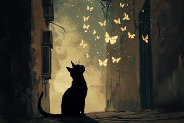 Enchanting black cat watching glowing butterflies in mysterious alley