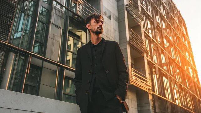 man in a stylish black suit, standing confidently in front of a modem urban background, soft golden hour lighting. magazine fashion style