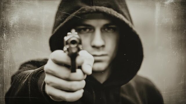 man wearing a black hoodie, pointing a gun at the camera