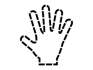 Connection, technology, digital interaction, communication, identity, creativity. Dashed line hand outline with five fingers raised. Connection and technology are