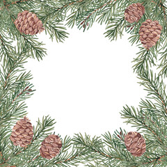 Fir branches with cones square frame, border. Hand drawn watercolor illustration of pine. Perfect for Christmas and New Year design, winter invitations, cards, coniferous product design and natural