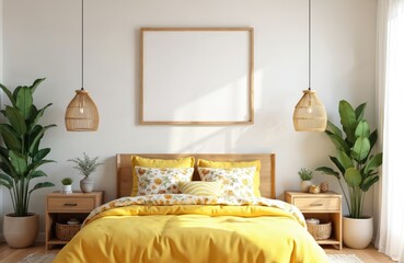 Modern boho bedroom with yellow bedding and natural wood furniture. Large green plants flank a cozy bed. An empty frame hangs above, ready for custom art or photos.