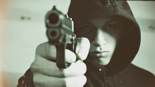 man wearing a black hoodie, pointing a gun at the camera