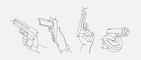 Hands holding pistol in continuous one line drawing style. Firearm, handgun, weapon, military, crime, sport concept. Vector illustration.