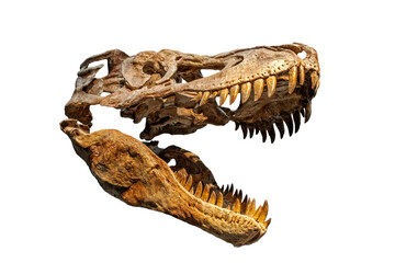 a dinosaur skull displaying sharp, yellow teeth and intricate bone structure, is positioned with its mouth open. The bones are weathered and brown, with some darker, more decayed areas