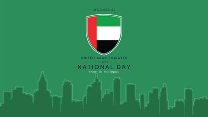 Flat Design UAE National Day Banner with Green Background UAE Shield Emblem and Minimal City Skyline Outline for Celebration Poster