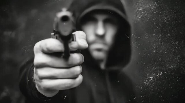 man wearing a black hoodie, pointing a gun at the camera
