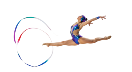 Graceful gymnast performing a dynamic leap with a colorful ribbon in rhythmic gymnastics isolated on transparent background