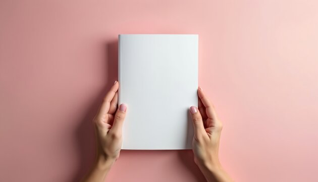 Two hands hold blank white book against soft pink background. Image open page ready for content. Represents creativity, publishing, new beginnings. Ideal for design projects marketing materials.