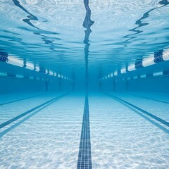 Obraz premium Crystal clear water in an empty swimming pool with visible lane lines from an underwater perspective.