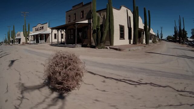 Wide-angle video shot of a deserted Western town, capturing a tumbleweed rolling down a dusty street under a clear blue sky. Live desktop wallpaper.