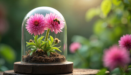 Pink globe amaranth flowers bloom inside a glass terrarium with bees. Miniature ecosystem on wooden base displays delicate flora and fauna growth in nature.
