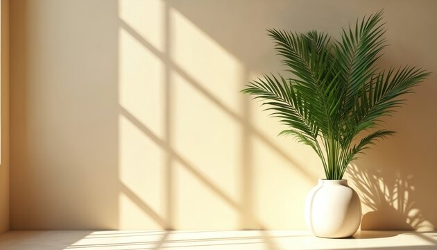 Sunlight streams into room, casting geometric shadows from window blinds onto plain beige wall behind potted palm in white vase. Natural light illuminates green plant, creating calm, modern aesthetic.
