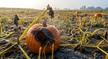Rotten pumpkin with dewy spider web in an autumn morning field.
