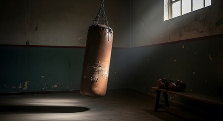 Worn punching bag and boxing gloves in an old, atmospheric gym with sunlight.