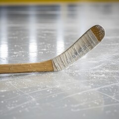 Close-up of a wooden hockey stick blade resting on a frosty ice rink surface.