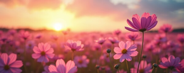 Idyllic cosmos flower meadow on scenic sunset. Pink flowers bloom in field. Romantic nature scenery evokes peace. Floral garden panorama presents vibrant summer nature background wallpaper.