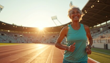 Smiling senior woman runs on stadium track. Elderly black female cardio. Mature person enjoys run outdoors. Active lifestyle promotion. Ageing athletic model fitness workout. Runner jogs at sport