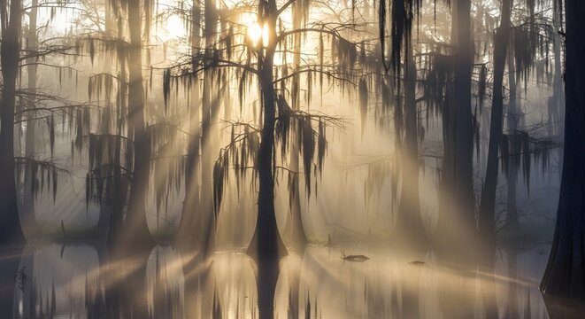 Golden sun rays pierce through the thick morning mist in a serene cypress swamp with Spanish moss.