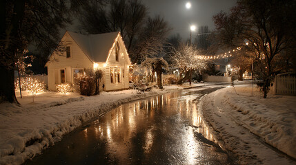 Snowy street with holiday lights
