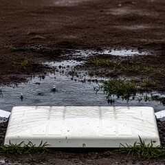 A baseball base sits on a muddy field during a heavy rain shower, with raindrops splashing in puddles around it.