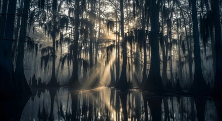 Dramatic sun rays penetrate the misty cypress swamp, creating ethereal reflections on the calm water.