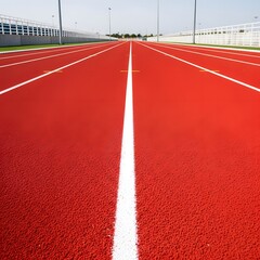 Vibrant red running track with white markings in an outdoor athletic stadium, ready for competition.