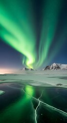 Majestic Northern Lights illuminate a frozen lake and snow-capped mountains at night.