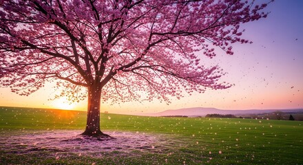 Cherry blossom tree with falling pink petals at sunset over a vibrant green field.