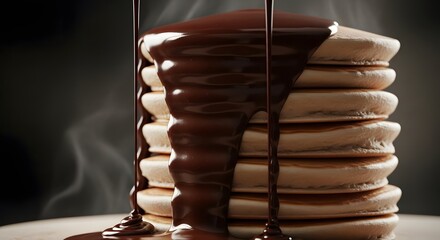 Decadent stack of fluffy pancakes generously drizzled with rich, flowing chocolate sauce.