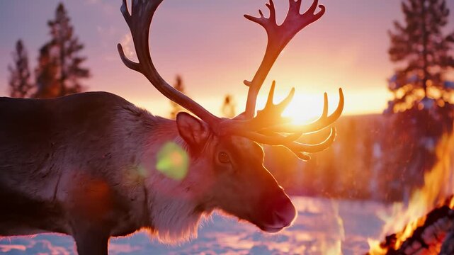 A majestic reindeer stands gracefully in a snowy landscape, illuminated by the soft glow of a vibrant sunset. The warm hues contrast sharply against the cold, snowy backdrop, creat