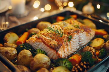 Baked salmon with vegetables and herbs