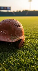 A dusty baseball helmet rests on the vibrant green grass of a field during golden hour.