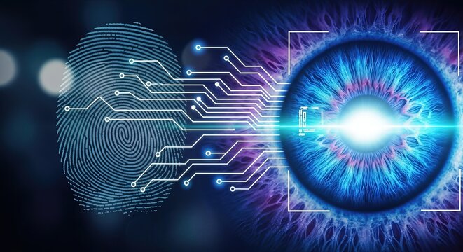 Digital biometric identity recognition system scanning human fingerprint and blue iris, indicating secure personal data access through advanced technology glowing dark setting.