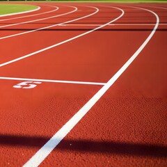 Vibrant red running track with white lane lines and number five, ready for a race.