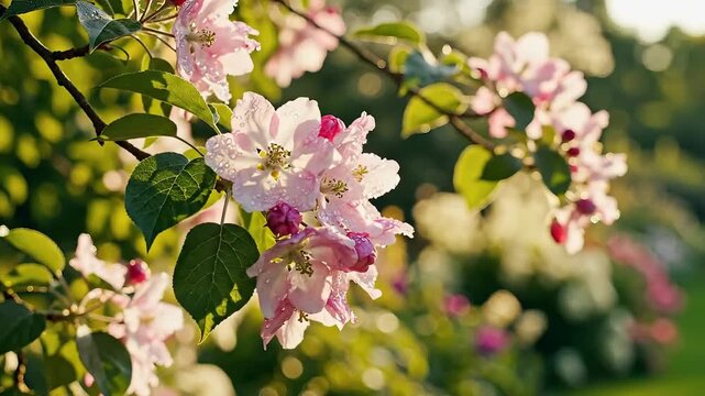 Closeup of delicate pink apple blossoms blooming on a tree branch in a vibrant spring garden bathed in warm sunlight.