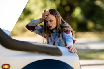 Stressed woman dealing with car breakdown problem
