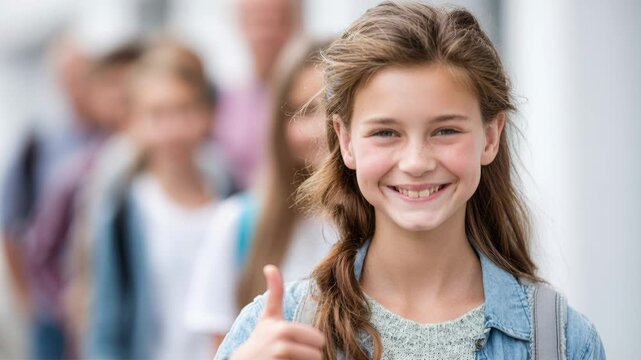 smiling teen student gives thumbs up close-up portrait of freckled girl in denim jacket with backpack, two friends blurred behind, sunlit urban campus, candid