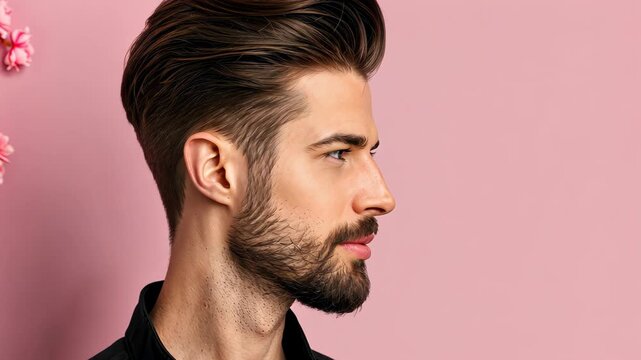 Stylish Man with Well-Groomed Hair and Beard: A handsome man showcases a modern hairstyle and expertly maintained facial hair, embodying sophistication and grooming.
