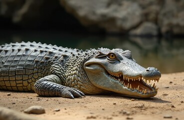 Fototapeta premium Close-up of Nile crocodile resting on sandy riverbank. Reptile displays sharp teeth, powerful jaw. Textured skin intricate scale patterns. Image captures animals predatory nature in natural habitat.