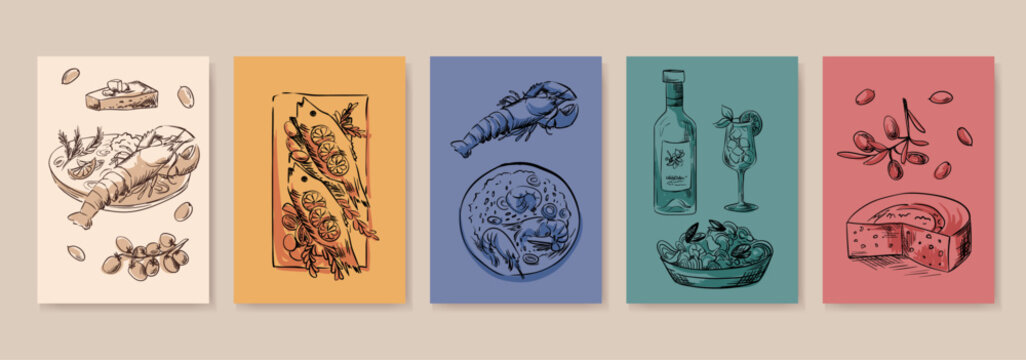 Vintage poster set with Italian summer themes, coastal seafood illustrations, and Mediterranean beach vibes perfect for retro party decor or travel inspired prints. Vector Illustration