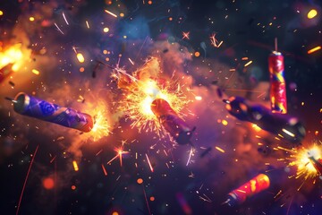 Colorful fireworks and sparklers mid-explosion in night sky