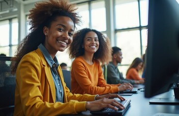 Smiling young African American women learn in modern computer lab. Diverse students use tech for education, research. Work together on computers, studying in college classroom university office today.