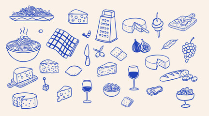 Italian appetizers doodle vector set. Hand drawn cheese variety, wine glass, olives and crackers. Blue sketch illustrations for wine tasting event and snack menu