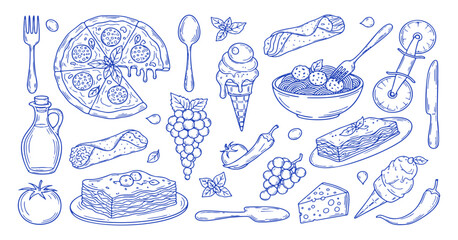 Italian lunch doodle vector set. Hand drawn lasagna, pizza slices, pasta bowl and ice cream dessert. Blue sketch illustrations for mediterranean restaurant menu