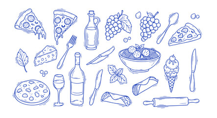 Italian food variety doodle vector set. Hand drawn pizza slice, pasta bowl, wine bottle and grapes. Blue sketch illustrations for restaurant menu, cooking and traditional cuisine