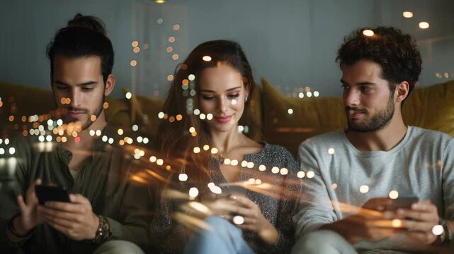 three women at night using phones, city bokeh glow and leather jacket detail, central screen light illuminating faces as friends exchange messages, check maps