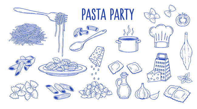 Pasta cooking party doodle vector set. Hand drawn spaghetti, ravioli, chef hat and cooking pot. Blue sketch illustrations for culinary class, restaurant and italian cuisine
